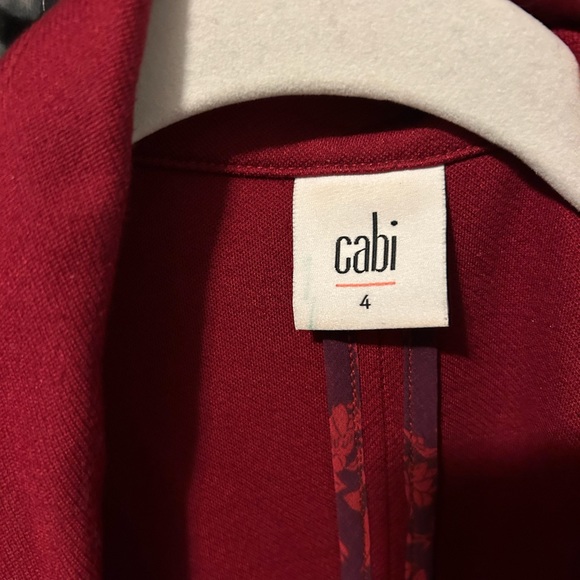 CAbi Rhubarb Red stretch Ponte Knit button up asymmetrical Ava Outing 4 - Picture 3 of 6